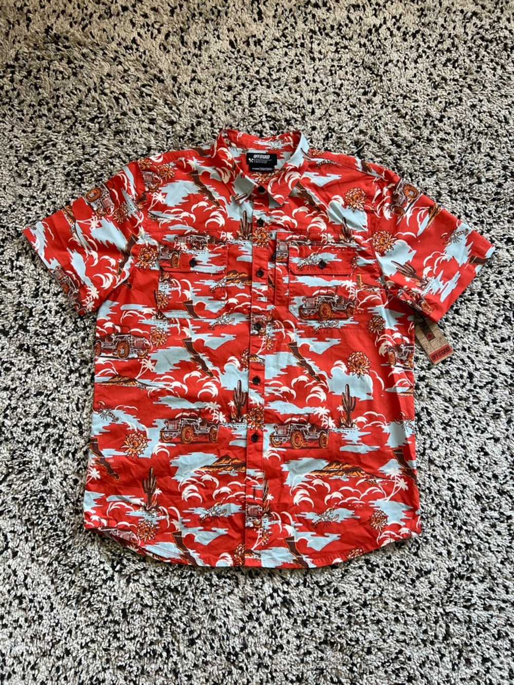 Off The Grid Ripstop Lightning Bolt Shirt Orange Jeep Print Back Stash Pocket XL